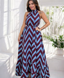 V Neck Sleeveless Wave Pattern Printed Dress Purple Black