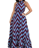 V Neck Sleeveless Wave Pattern Printed Dress Purple Black