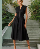 V Neck Pleated Zip Up Wrap Dress Cinched Waist Sexy