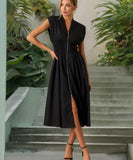 V Neck Pleated Zip Up Wrap Dress Cinched Waist Sexy