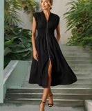 V Neck Pleated Zip Up Wrap Dress Cinched Waist Sexy