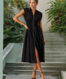 V Neck Pleated Zip Up Wrap Dress Cinched Waist Sexy