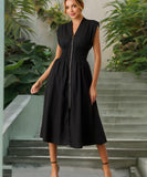 V Neck Pleated Zip Up Wrap Dress Cinched Waist Sexy