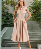 V Neck Pleated Zip Up Wrap Dress Cinched Waist Sexy