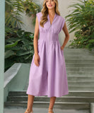 V Neck Pleated Zip Up Wrap Dress Cinched Waist Sexy