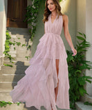 Sexy V Neck Strapless Slit Irregular Mesh Cocktail Dress