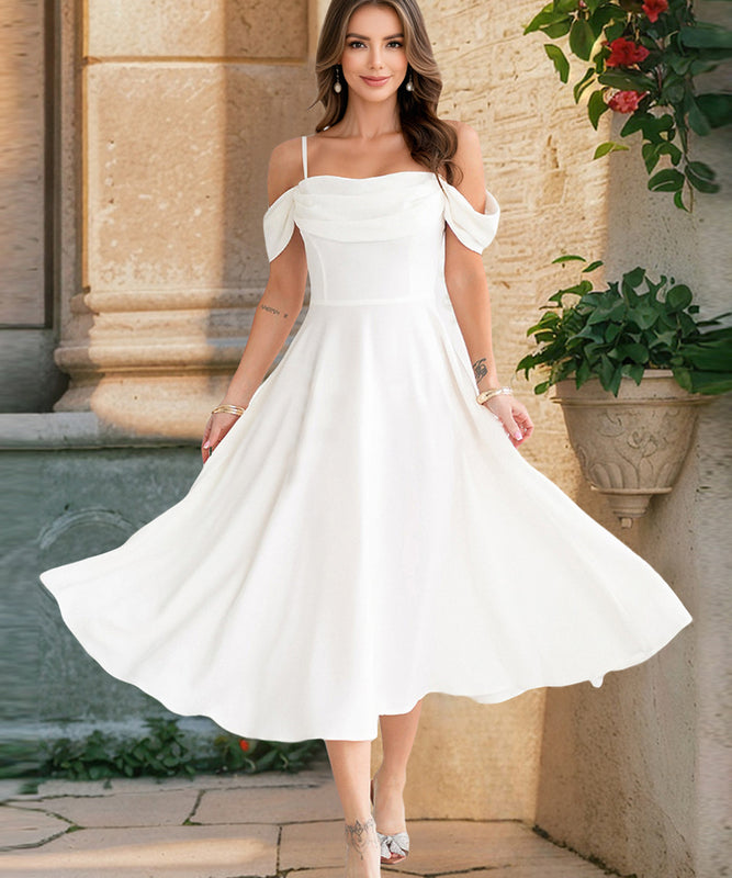 Pleated Halter Dress Off Shoulder Polyester Grey Blue