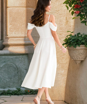 Pleated Halter Dress Off Shoulder Polyester Grey Blue