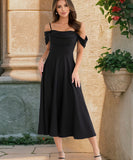 Pleated Halter Dress Off Shoulder Polyester Grey Blue