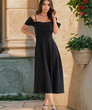 Pleated Halter Dress Off Shoulder Polyester Grey Blue