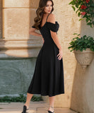 Pleated Halter Dress Off Shoulder Polyester Grey Blue