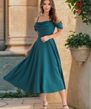 Pleated Halter Dress Off Shoulder Polyester Grey Blue