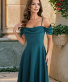 Pleated Halter Dress Off Shoulder Polyester Grey Blue