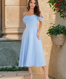 Pleated Halter Dress Off Shoulder Polyester Grey Blue