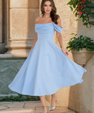 Pleated Halter Dress Off Shoulder Polyester Grey Blue