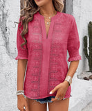 Chic V-neck Casual Pullover Puffy Sleeve Solid Color T-shirt