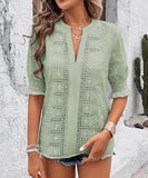 Chic V-neck Casual Pullover Puffy Sleeve Solid Color T-shirt