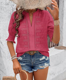 Chic V-neck Casual Pullover Puffy Sleeve Solid Color T-shirt
