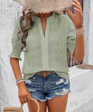 Chic V-neck Casual Pullover Puffy Sleeve Solid Color T-shirt