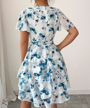 Printed Short Sleeved Cake Dress for Women in Blue Green and Brick Red