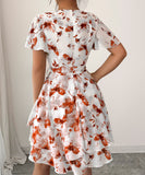 Printed Short Sleeved Cake Dress for Women in Blue Green and Brick Red