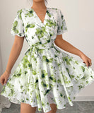 Printed Short Sleeved Cake Dress for Women in Blue Green and Brick Red