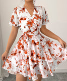 Printed Short Sleeved Cake Dress for Women in Blue Green and Brick Red