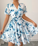 Printed Short Sleeved Cake Dress for Women in Blue Green and Brick Red