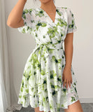 Printed Short Sleeved Cake Dress for Women in Blue Green and Brick Red