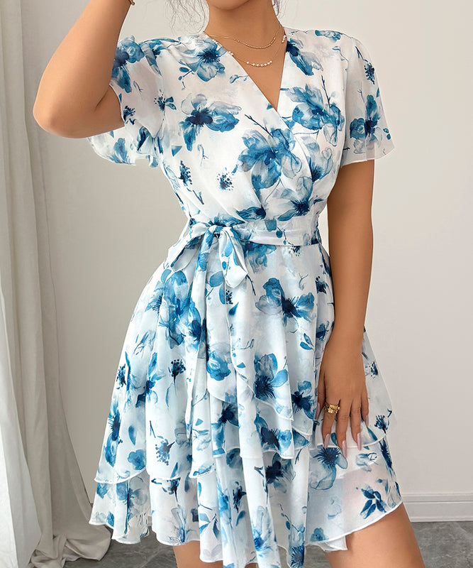 Printed Short Sleeved Cake Dress for Women in Blue Green and Brick Red