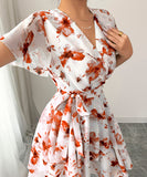 Printed Short Sleeved Cake Dress for Women in Blue Green and Brick Red