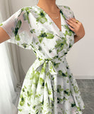 Printed Short Sleeved Cake Dress for Women in Blue Green and Brick Red