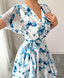 Printed Short Sleeved Cake Dress for Women in Blue Green and Brick Red