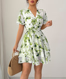 Printed Short Sleeved Cake Dress for Women in Blue Green and Brick Red