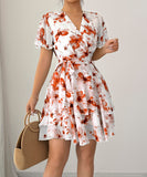 Printed Short Sleeved Cake Dress for Women in Blue Green and Brick Red