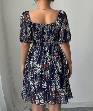 Elegant Floral Patterned Cake Dress in Navy with Short Sleeves