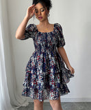 Elegant Floral Patterned Cake Dress in Navy with Short Sleeves
