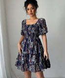 Elegant Floral Patterned Cake Dress in Navy with Short Sleeves