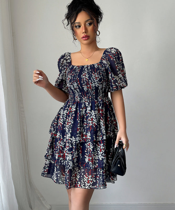 Elegant Floral Patterned Cake Dress in Navy with Short Sleeves