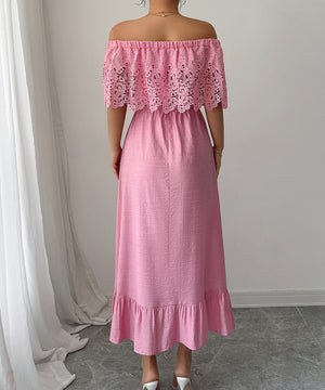 Off The Shoulder A Line Long Dress in Black Pink and Orange