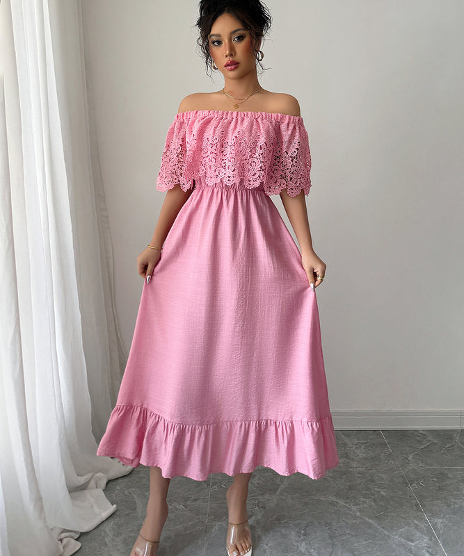 Off The Shoulder A Line Long Dress in Black Pink and Orange