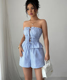 Light Blue Women Two Piece Set Top And Shorts With Belt