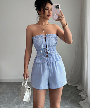 Light Blue Women Two Piece Set Top And Shorts With Belt