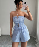 Light Blue Women Two Piece Set Top And Shorts With Belt