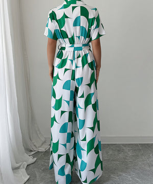 Printed Short Sleeved Wide Leg Jumpsuit Trousers in Green