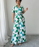 Printed Short Sleeved Wide Leg Jumpsuit Trousers in Green