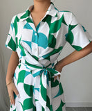 Printed Short Sleeved Wide Leg Jumpsuit Trousers in Green