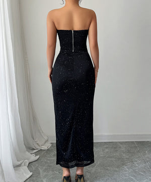 Strapless Top Cinched In Skirt Set Black Polyester Elastane