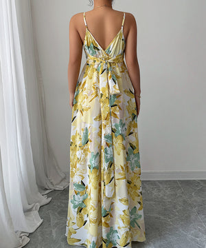 Elegant Flowy Printed Long Dress with Straps in Yellow