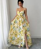 Elegant Flowy Printed Long Dress with Straps in Yellow